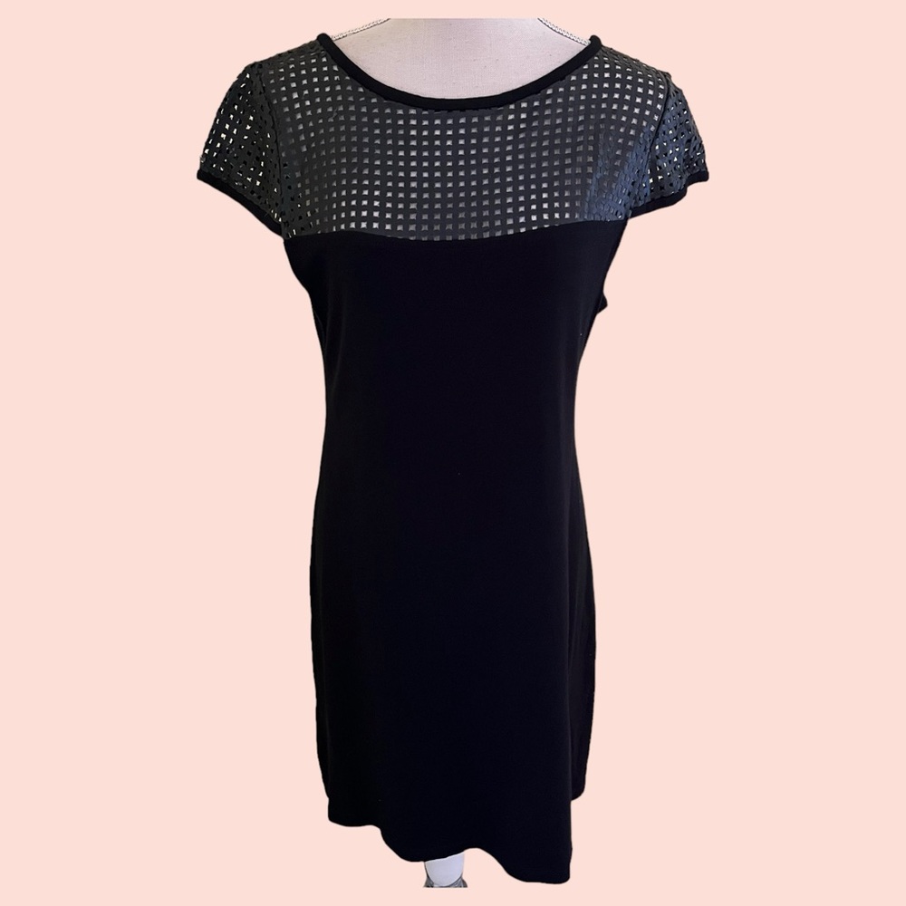 Yoana Baraschi Black Stretch Sheath Dress with Faux Leather Basket Weave Bodice